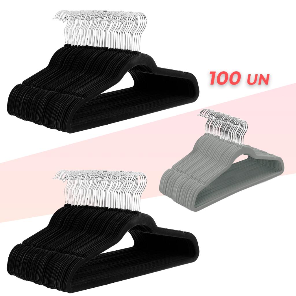 Kit Cabides Veludo De Roupa Cinza/Preto Antideslizante Slim Adulto