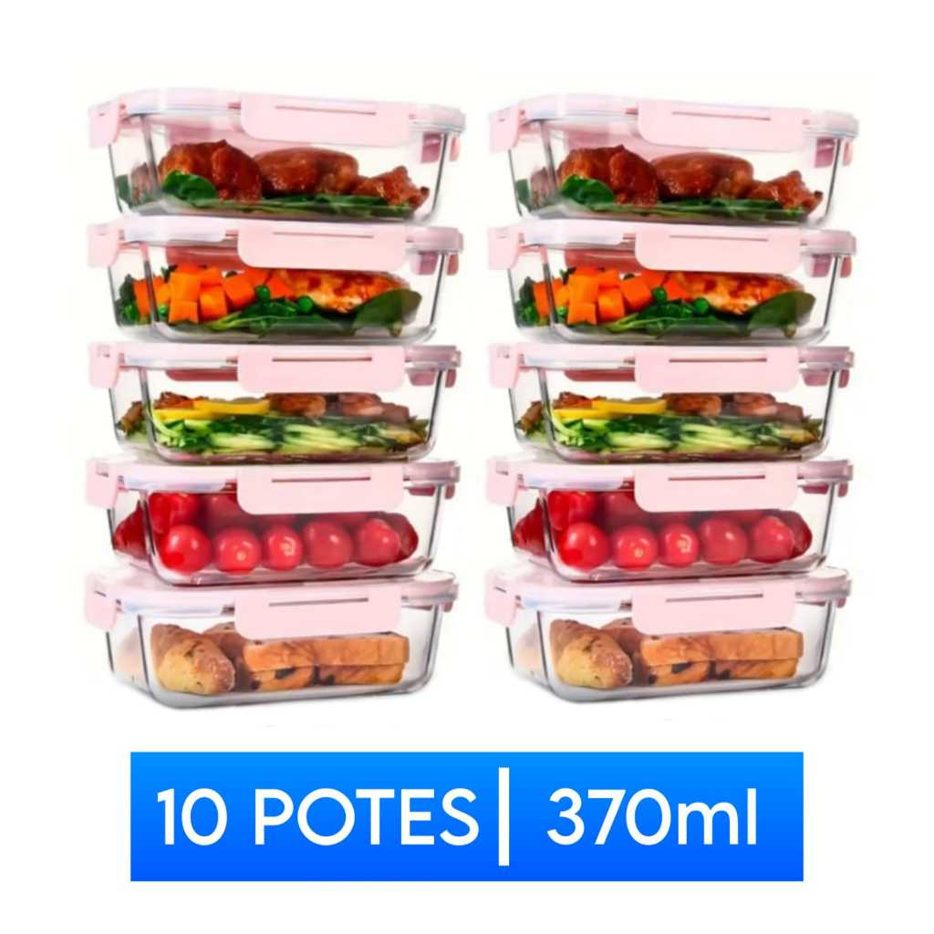 kit Conjunto de Potes Premium 370ml Vidro Hermético - Marmita Fitness Dieta com 4 travas