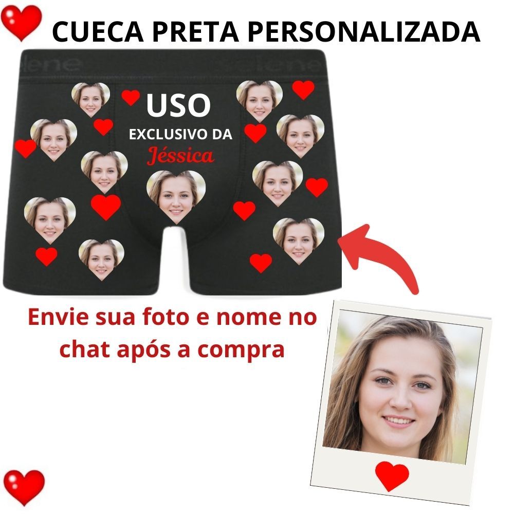 Cueca Preta Box Personalizada Presente Dia dos Namorados com Foto e Nome