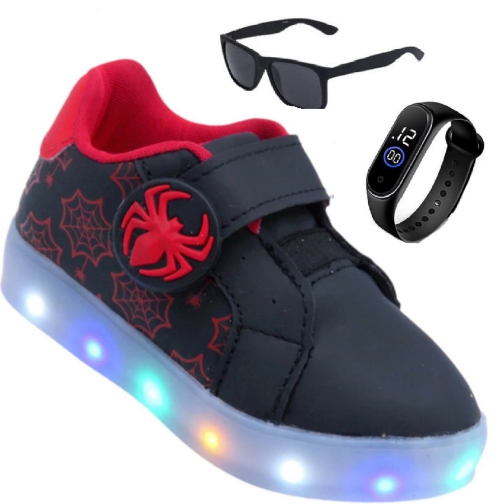 Kit Tenis Infantil Led + Oculos + Relogio  personagem desenho masculino e feminino criança em Oferta na Shopee