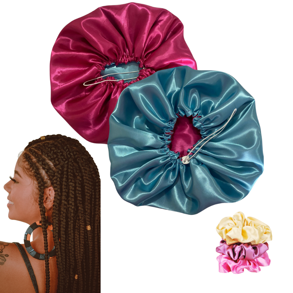 2 Touca de Cetim Grande / Box Braids Dupla Face com Regulador + 2 xuxinha