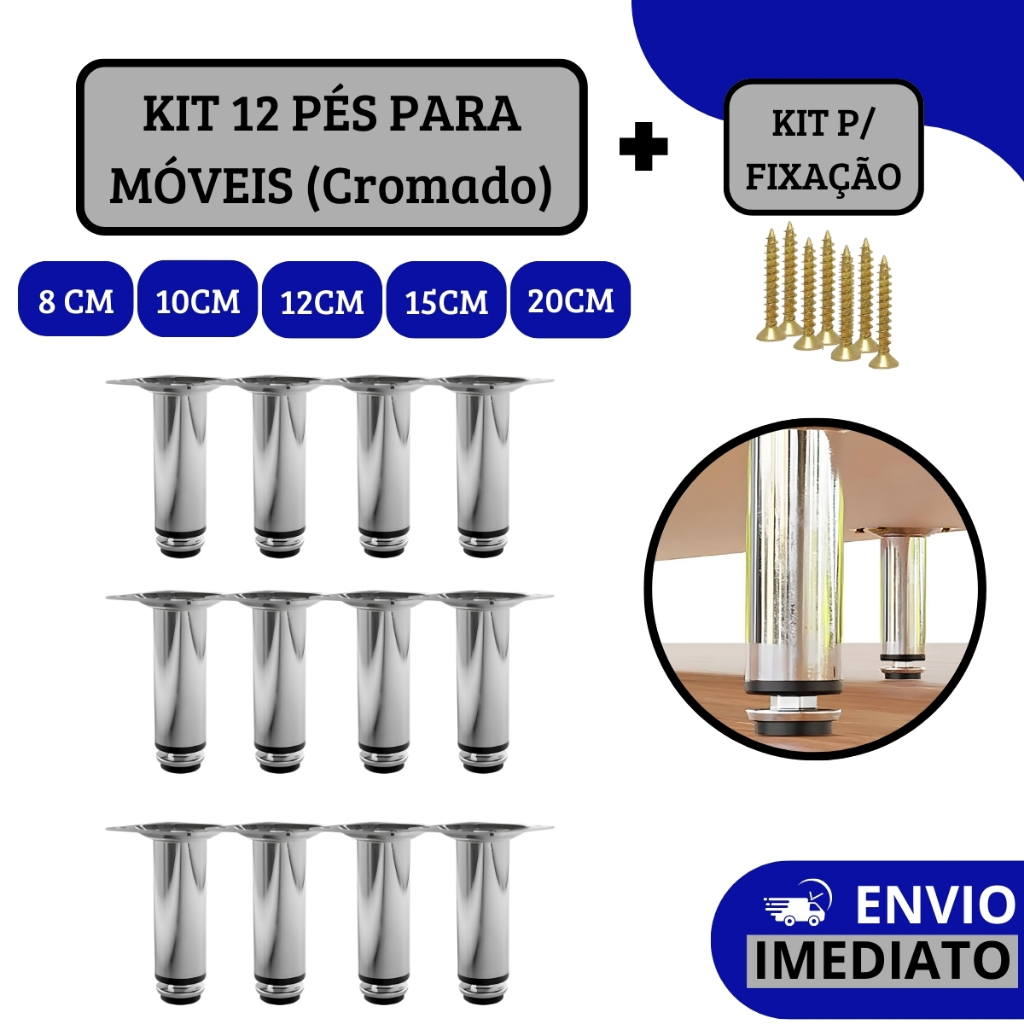 Kit 12 Pés Para Móveis Reguláve Redondo Cromado - 8cm | 10cm | 12cm | 15 cm | 20cm em Oferta na Shopee