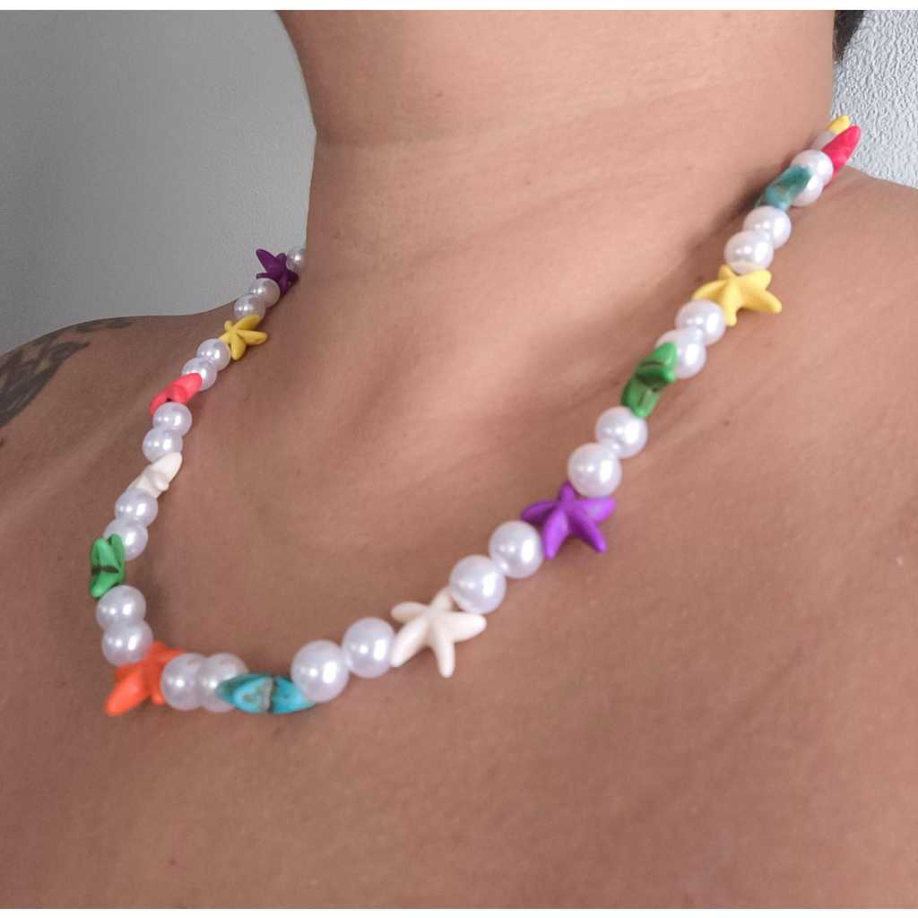Colar perolas com miçanga estrela marinha colorida folia 2025 carnaval 55 cm perolas em abs branca