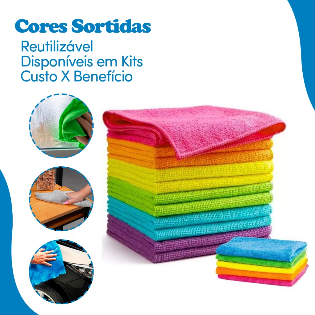 Kit Panos de Microfibra 10 15 20 Unidades Multiuso Reutilizáveis Toalha Mágica para Carro ...
