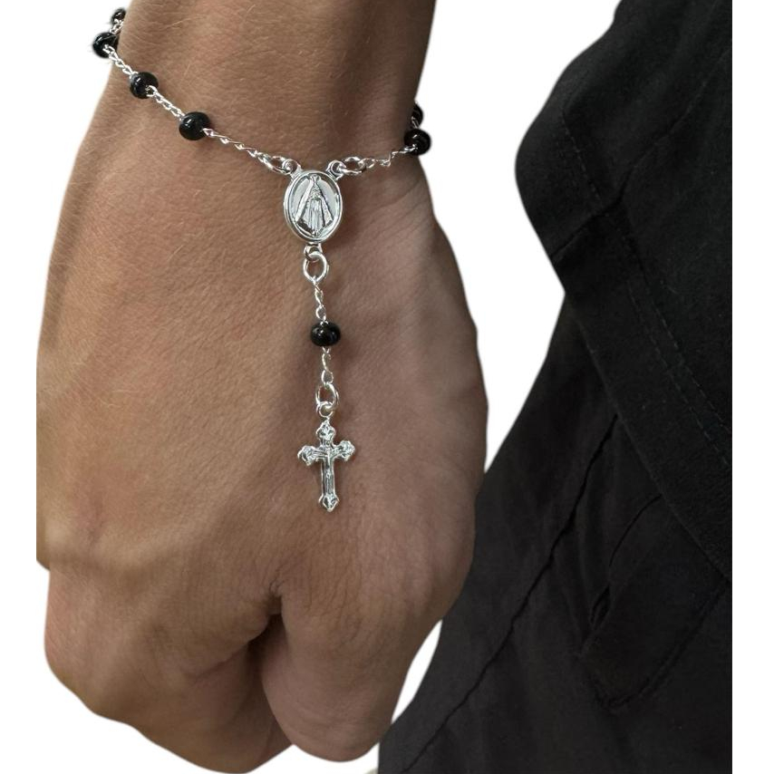 Pulseira Mini Terço Religioso Banhado a Prata 925 Unissex
