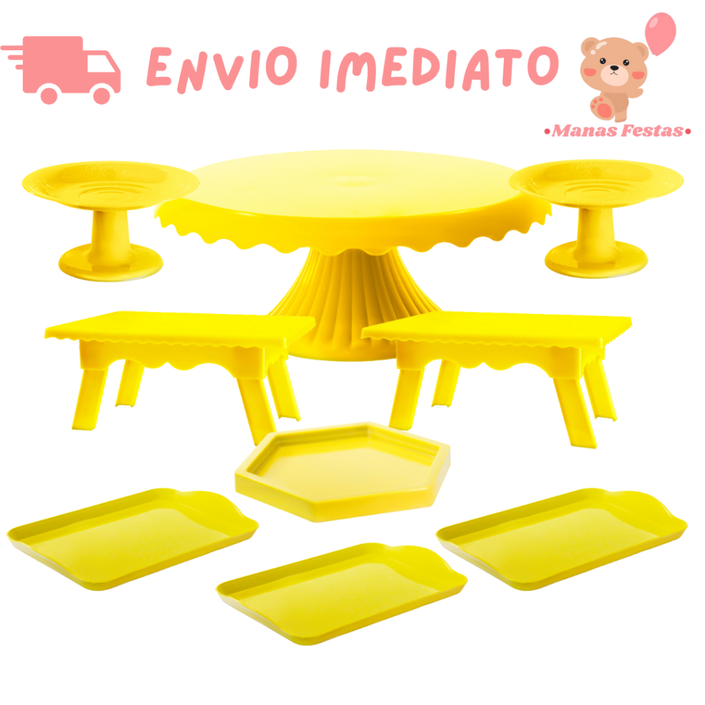 Kit Mega 2.0 Boleira Cake Renda 22cm + 2 Mesinhas + 2 Mini Cakes + 3 Bandejas 20x13cm + 1 Mini Sextavadinha (+6 Cores) em Oferta na Shopee