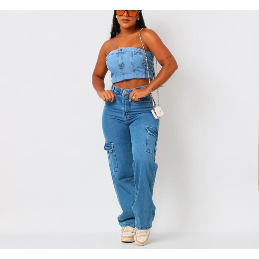 Calça Cargo Jeans Feminina Pantalona Cintura Alta 100% Algodão Premium Jeans Grosso