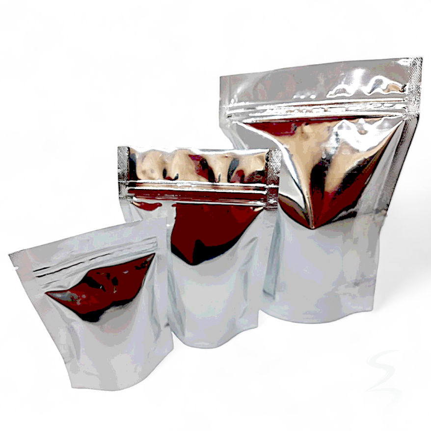 Kit 100 Sacos Laminados Metalizados Prata Stand Up Pouch 350 ml (12x19 cm) com Fecho Zip - Ideal para Alimentos