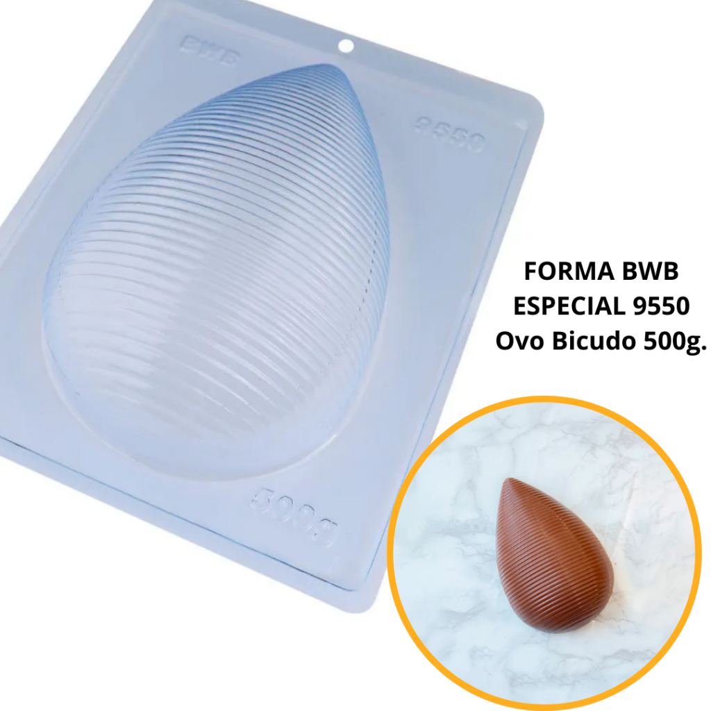 1~4 Forma BWB Com Silicone (3 partes) Para Chocolate Cód. 9550 - Ovo Bicudo 500g. Páscoa