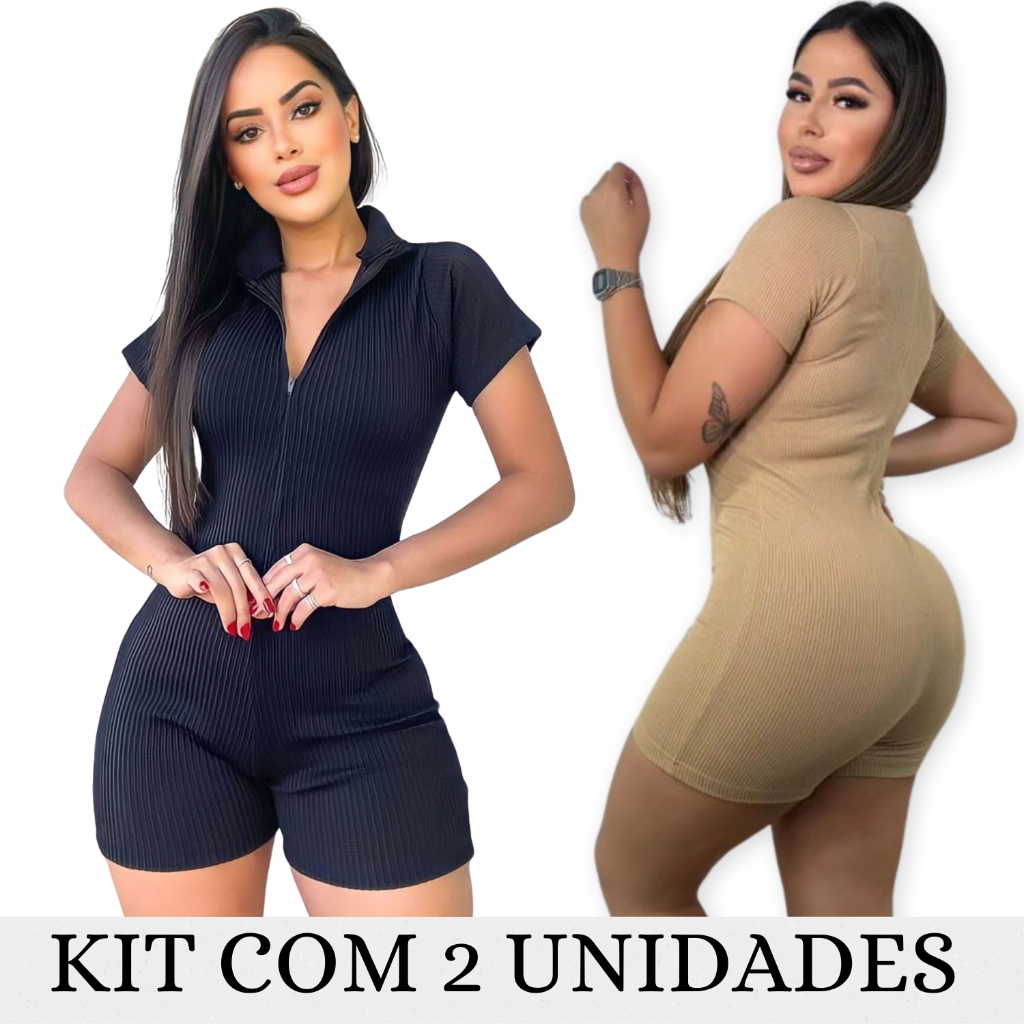 Kit 2 Macaquinhos Feminino Canelado 3D Virginia Ziper Shorts Macacão Curto Moda Gringa Blogueira em Oferta na Shopee