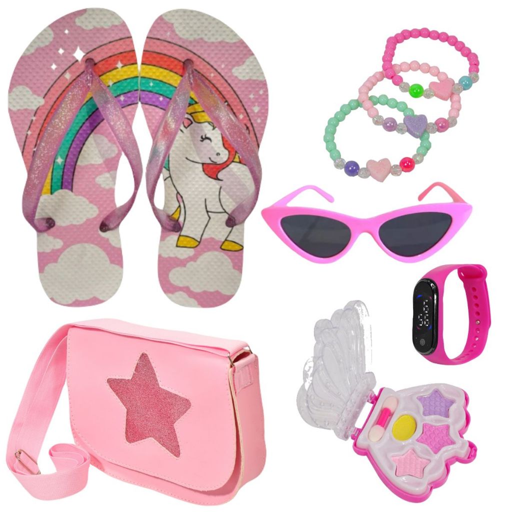 Chinelo Infantil Unicórnio Sereia Princesa + Paleta Óculos Relógio Pulseira Bolsa estrela