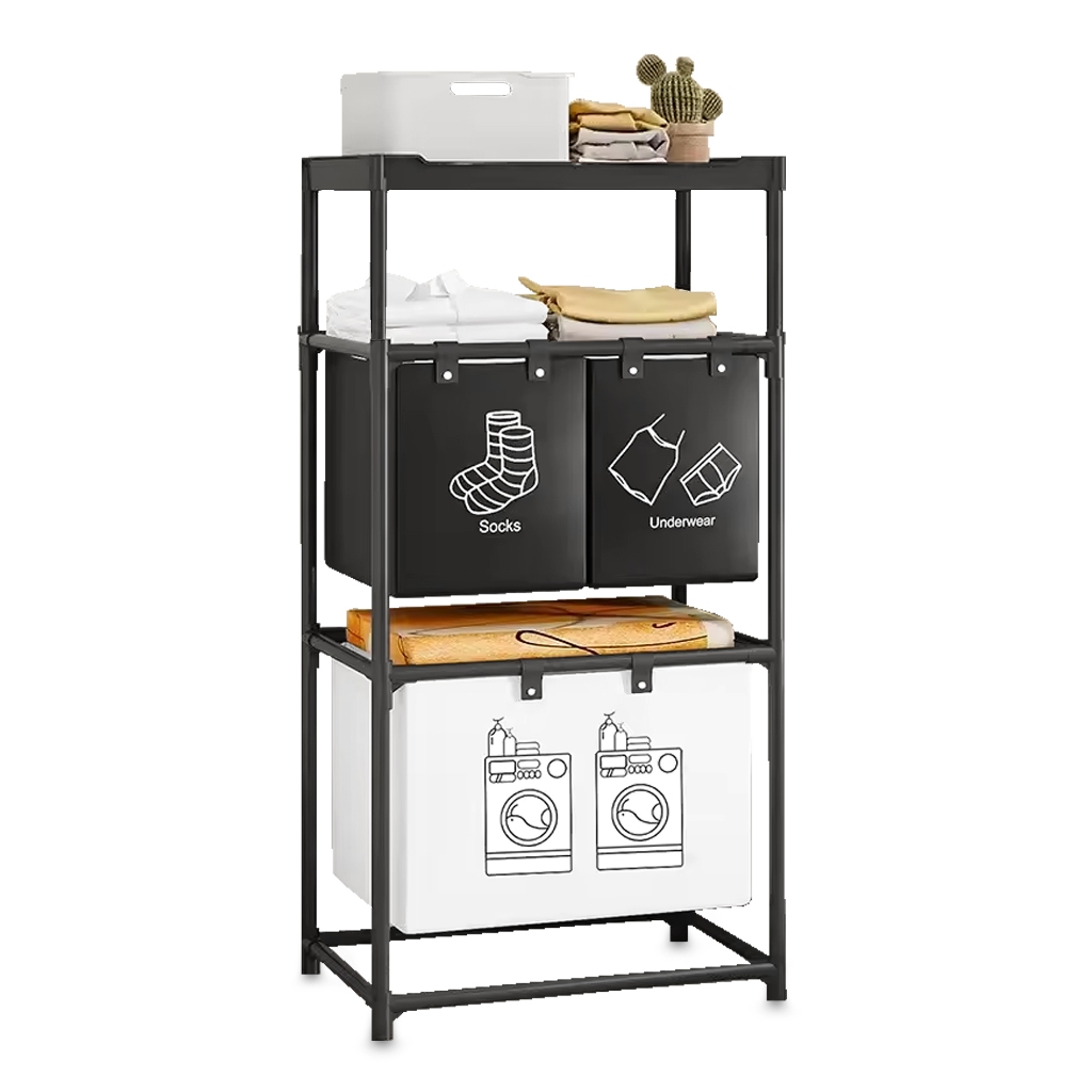Cesto Roupa Suja Lavanderia Organizador Triplo Grande Prateleira Vertical Rack Divisória