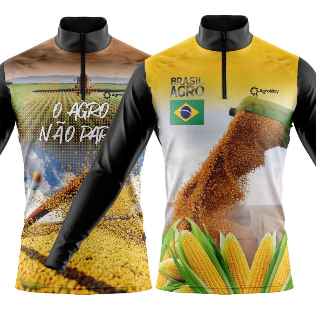 Kit 2 Camisa Camiseta Agro Manga Longa Zíper Soja Colheita Plantação Roça Campo Brasil Boi Gado Café Roça Campo