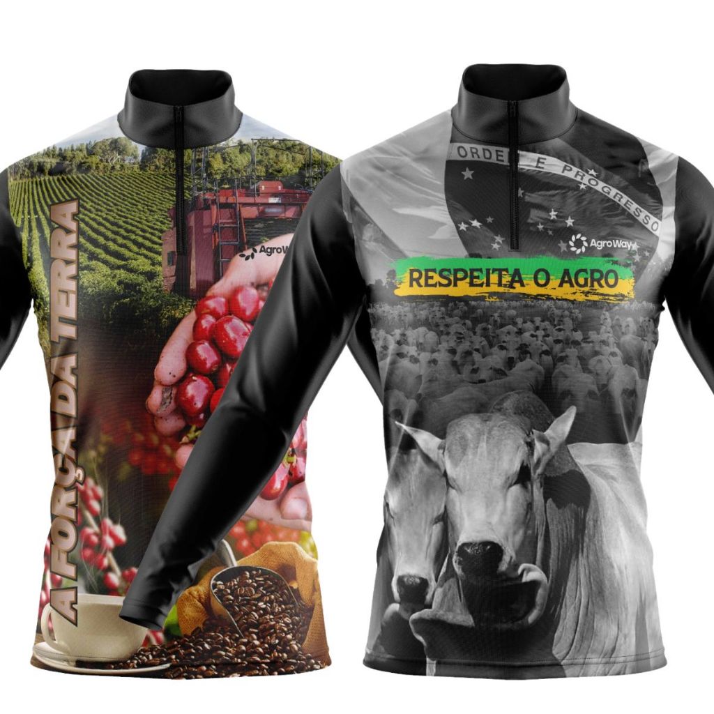 Kit 2 Camiseta Camisa Agro Manga Longa Zíper Colheita Café Trabalho Roça Café Brasil Boi Gado Campo Milho Milharal