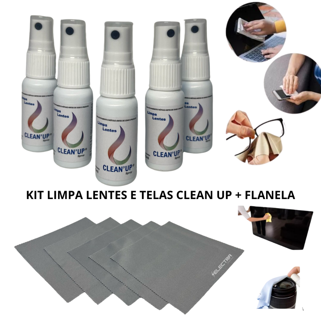Limpa lentes e telas Clean’Up – Kit Limpeza Spray + Flanela para Óculos, Lentes, Telas e Superfícies Sensíveis