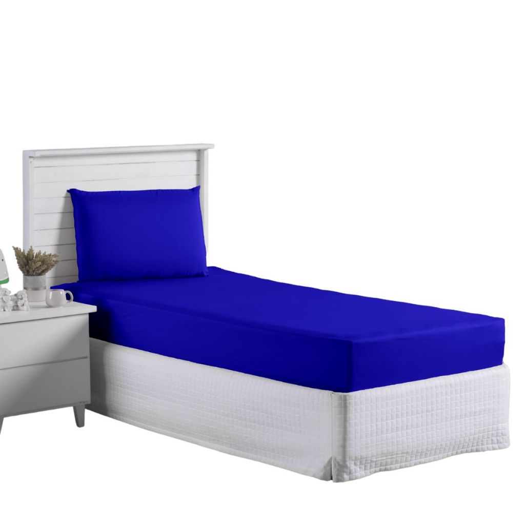 Jogo Lençol Roupa Cama Solteiro Elastico 2 Pçs Fronha Quarto Infantil Criança Basico Luxo Azul Royal