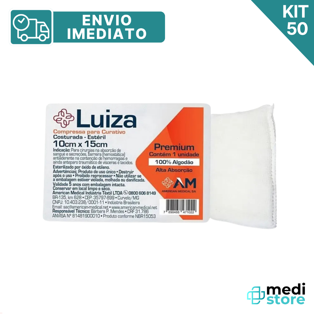 Kit com 50 - Compressa De Gaze Algodonada Estéril 10cm X 15cm - Envio Imediato