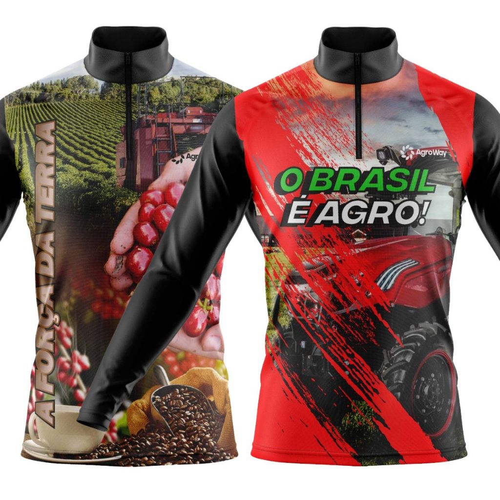 Kit 2 Camisa Camiseta Agro Manga Longa Zíper Cana Açúcar Colheita Plantação Milharal Café Campo Roça Trabalho Campo
