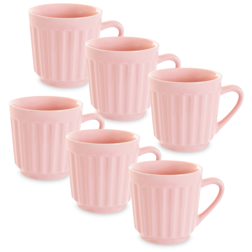 Kit com 6 Xícaras Caneladas De Porcelana Rosa 150ml  Encante-se com Cada Detalhe Cozinha N...