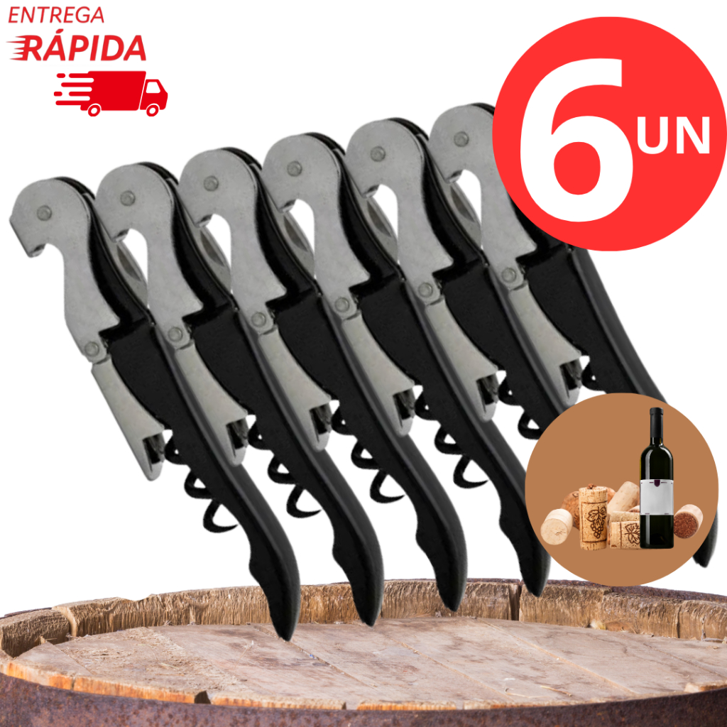 Kit 6, 3 ou 2 Un Saca Rolhas de Vinho Abridor de Garrafa de Aço Inox Cortador de Capsula 3 em 1