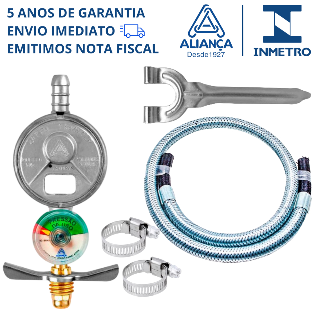 Kit 2m Mangueira De Gás Metal + Registro Aliança 505/01 c/ Manômetro p/ Botijão de Cozinha