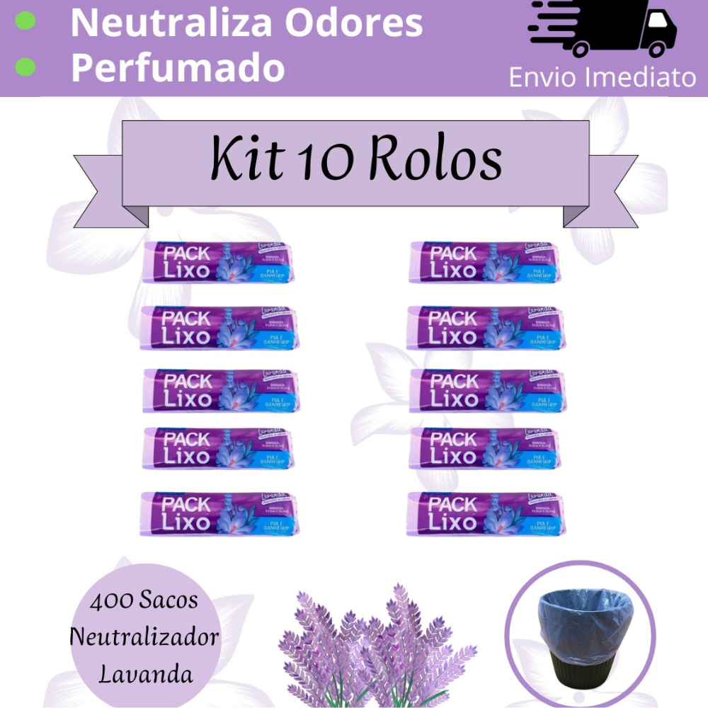Kit Econômico 10 Rolos 400 Sacos de Lixo Lavanda Para Pia e Banheiro Neutraliza Odores