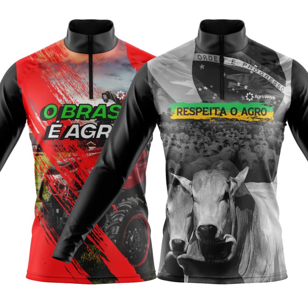 Kit 2 Camisa Camiseta Agro Manga Longa Zíper Plantação Colheita Campo Gado Boi Roça Trabalho Rural Plantação Soja Café