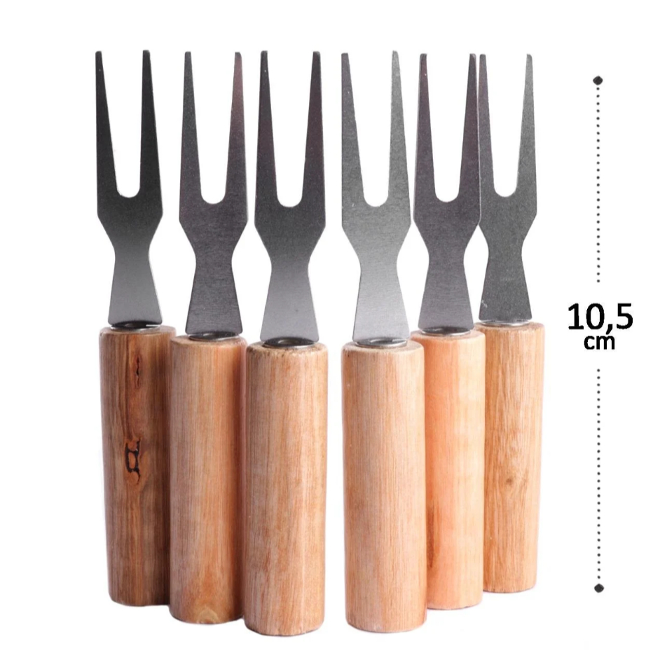 Kit 6 Garfos Para Petisco Aço Inox E Mdf Fondue Frutas Comida De Boteco