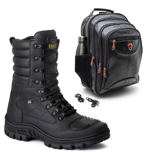 Kit Bota Coturno Militar Tático Ziper Bico Reforçado Unissex + Mochila Couro Grande Bolsa Notebook