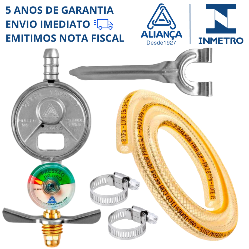 Kit 1.25m Mangueira Gás + Registro Aliança com Manômetro para Botijão de Cozinha