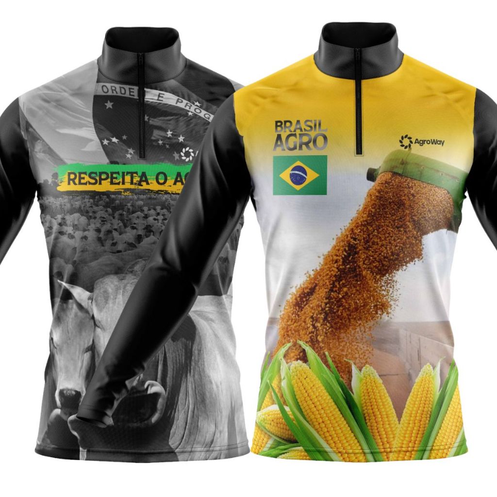 Kit 2 Camisa Camiseta Agro Manga Longa Zíper Plantação Colheita Gado Boi Rural Roça Trabalho Campo Soja Café Cana Açúcar