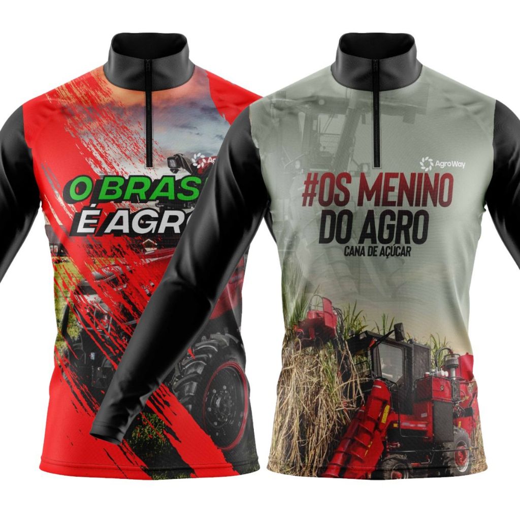 Kit 2 Camisa Camiseta Agro Manga Longa Zíper Trabalho Rural Roça Campo Plantação Gado Rural Brasil Boi Colheita Café