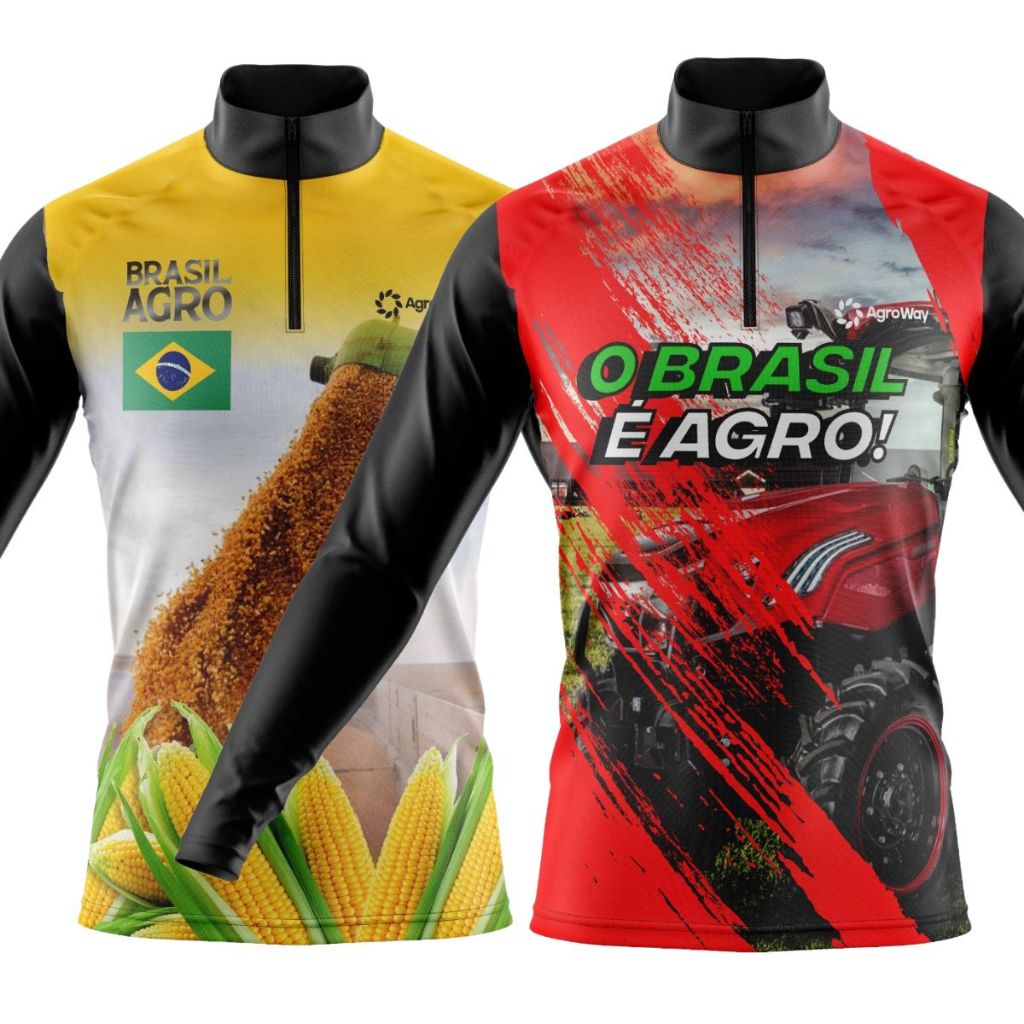 Kit 2 Camisa Camiseta Agro Manga Longa Zíper Trabalho Roça Campo Rural Colheita Gado Boi Trator Milharal Milho