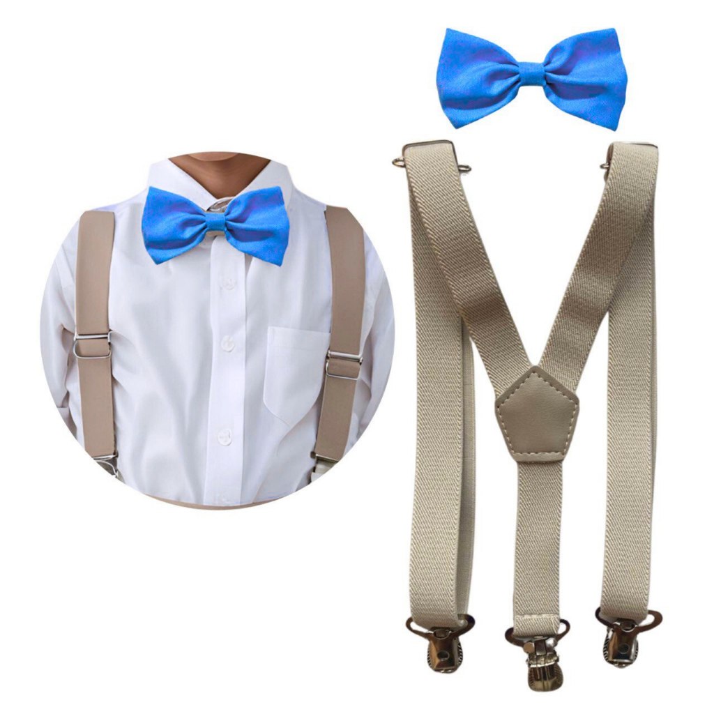 Suspensório Bege e Gravata Borboleta Infantil Azul Serenity e Outras Cores Pajem Batizado