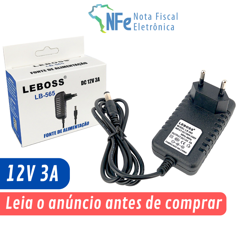 Fonte de Alimentação 12V 3A Bivolt 110V 220V com LED Conector P4 Estabilizada  CFTV Câmera Modem