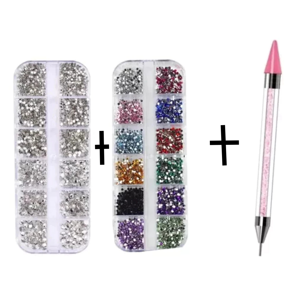Caixa Strass Nail Art Pedras Colorida Prata + Caneta Strass