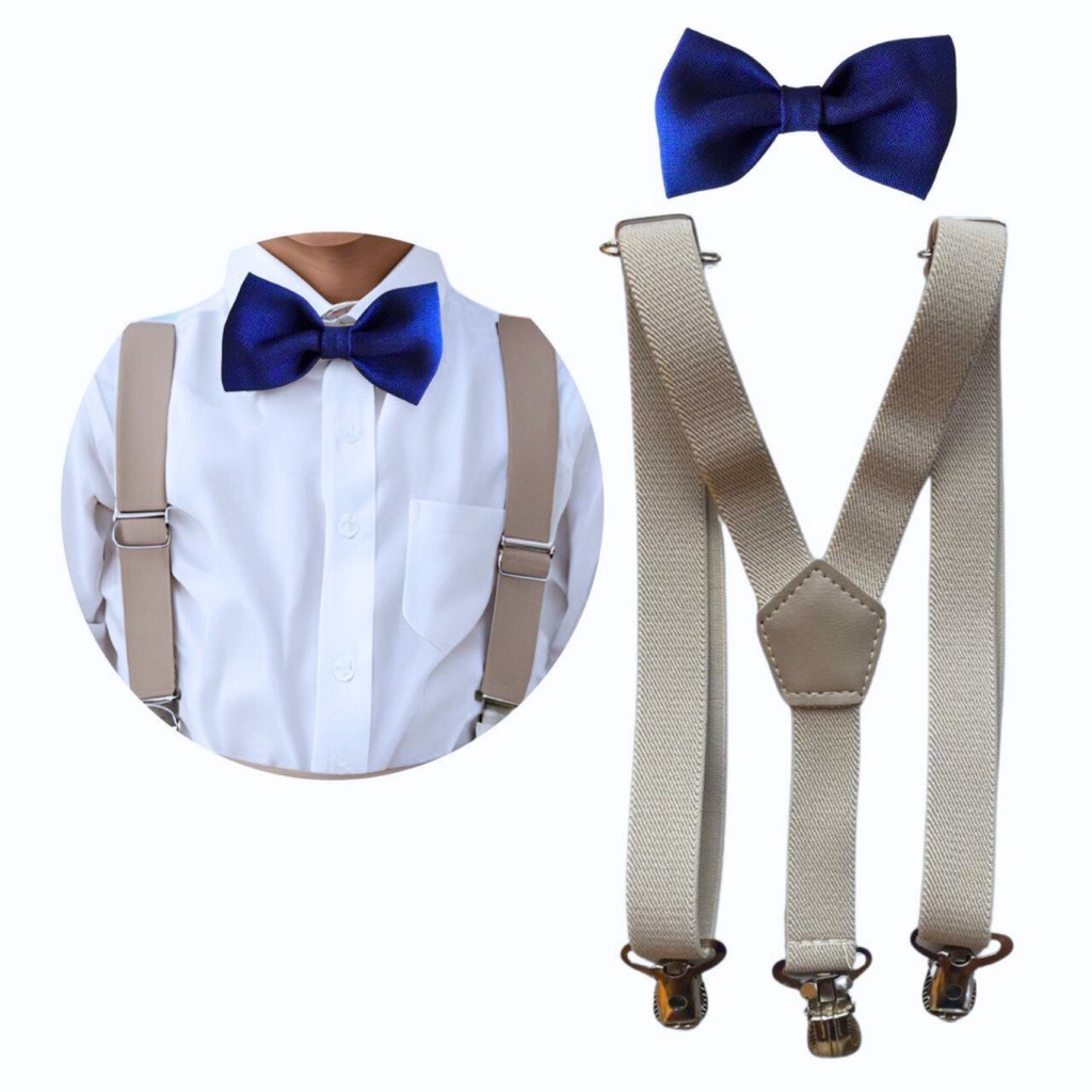 Suspensório Bege e Gravata Borboleta Infantil Azul Royal e Outras Cores Pajem Batizado
