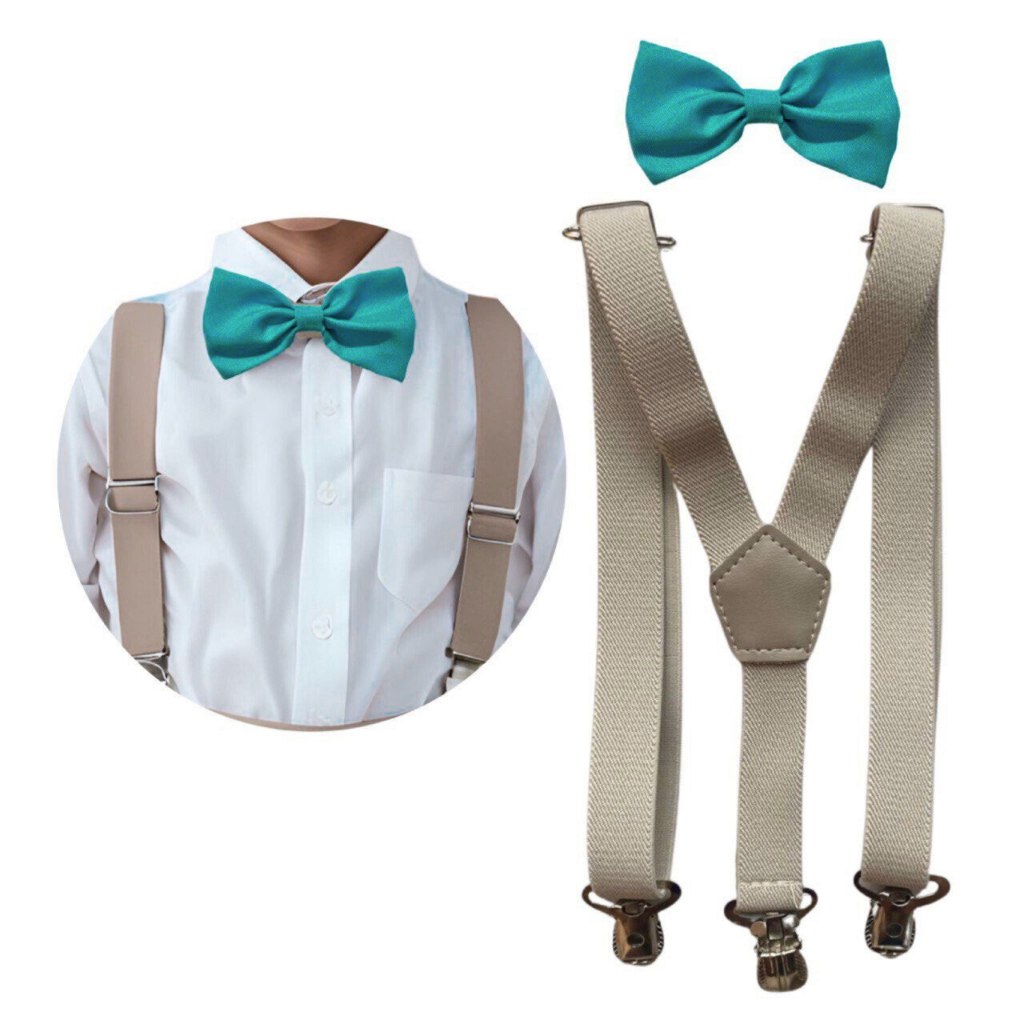 Suspensório Bege e Gravata Borboleta Infantil Azul Tiffany e Outras Cores Pajem Batizado