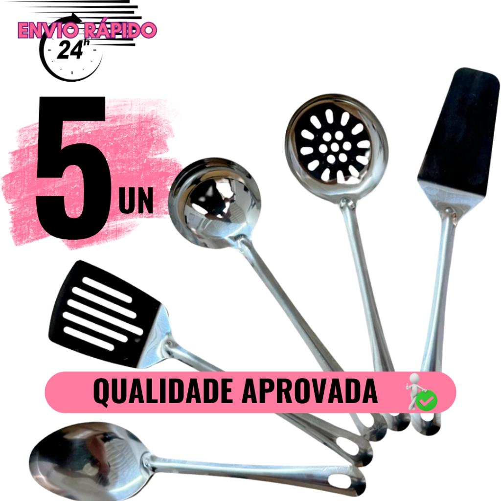Kit Utensílios de Cozinha Colher Arroz Concha Escumadeira Espátula Vazada Espátula Bolo Utensílios Cozinha 100% aço Inox