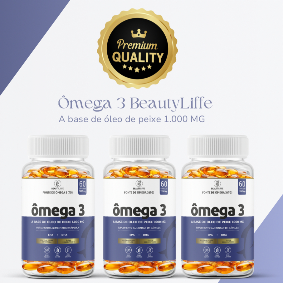 SUPER KIT 3 Omega 3 Beauty Liffe 180 caps SUPER CONCENTRADO 1350mg  com DHA EPA e VITAMINA E