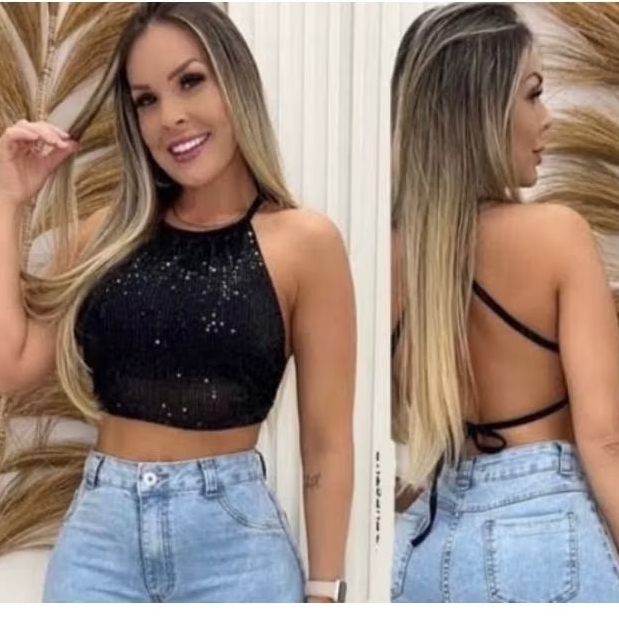 Cropped Paetê Frente Única Amarração em Oferta na Shopee