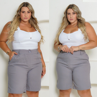Bermuda Alfaiataria Feminina Plus Size Tecido Em Sensorial Contém Bolsos Elegância em Oferta na Shopee