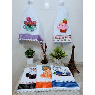 Kit Pano de Prato Guardanapo Bordado Patchwork Revenda 5 unidades em Oferta na Shopee