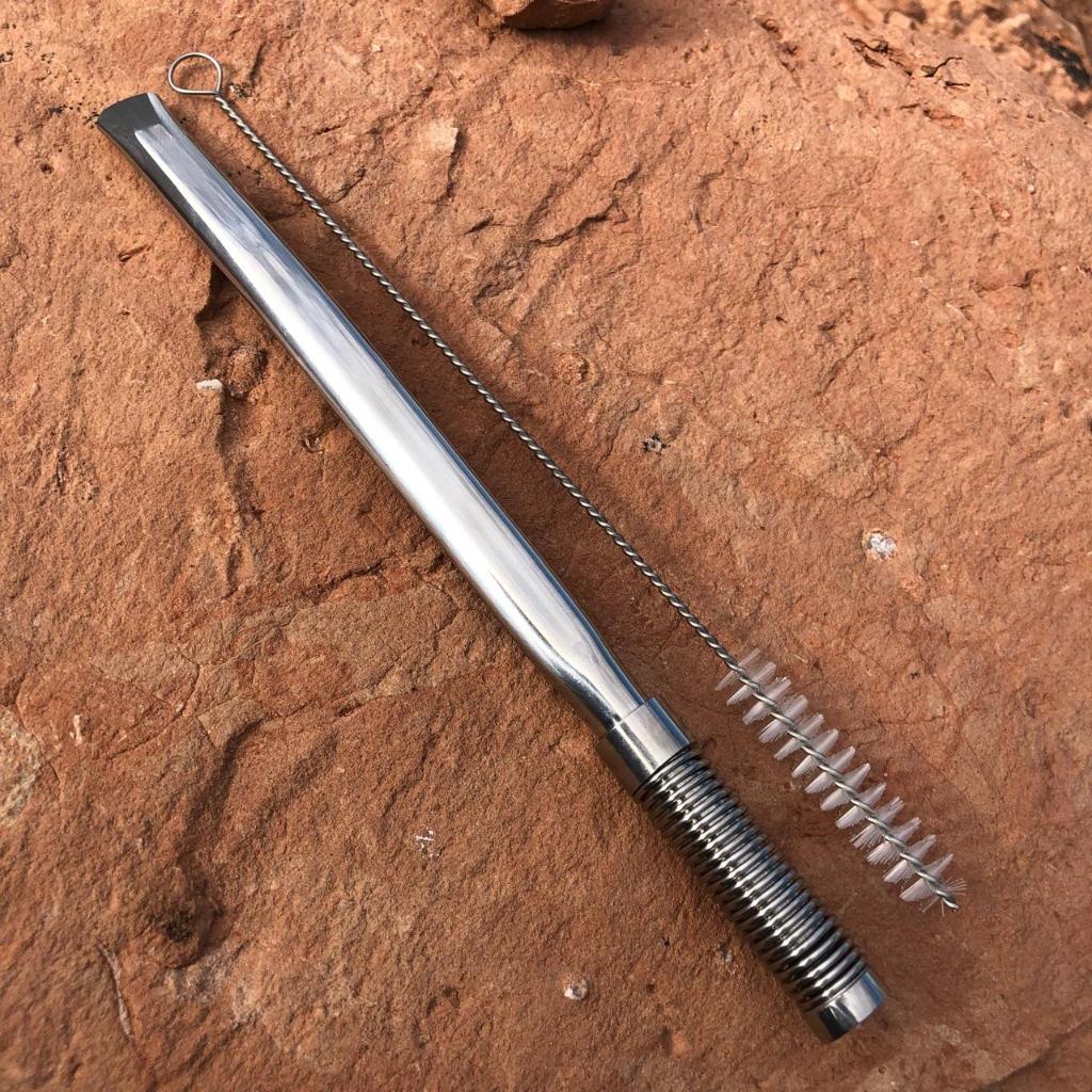 Bomba Achatadinha inox polida para tereré com escovinha