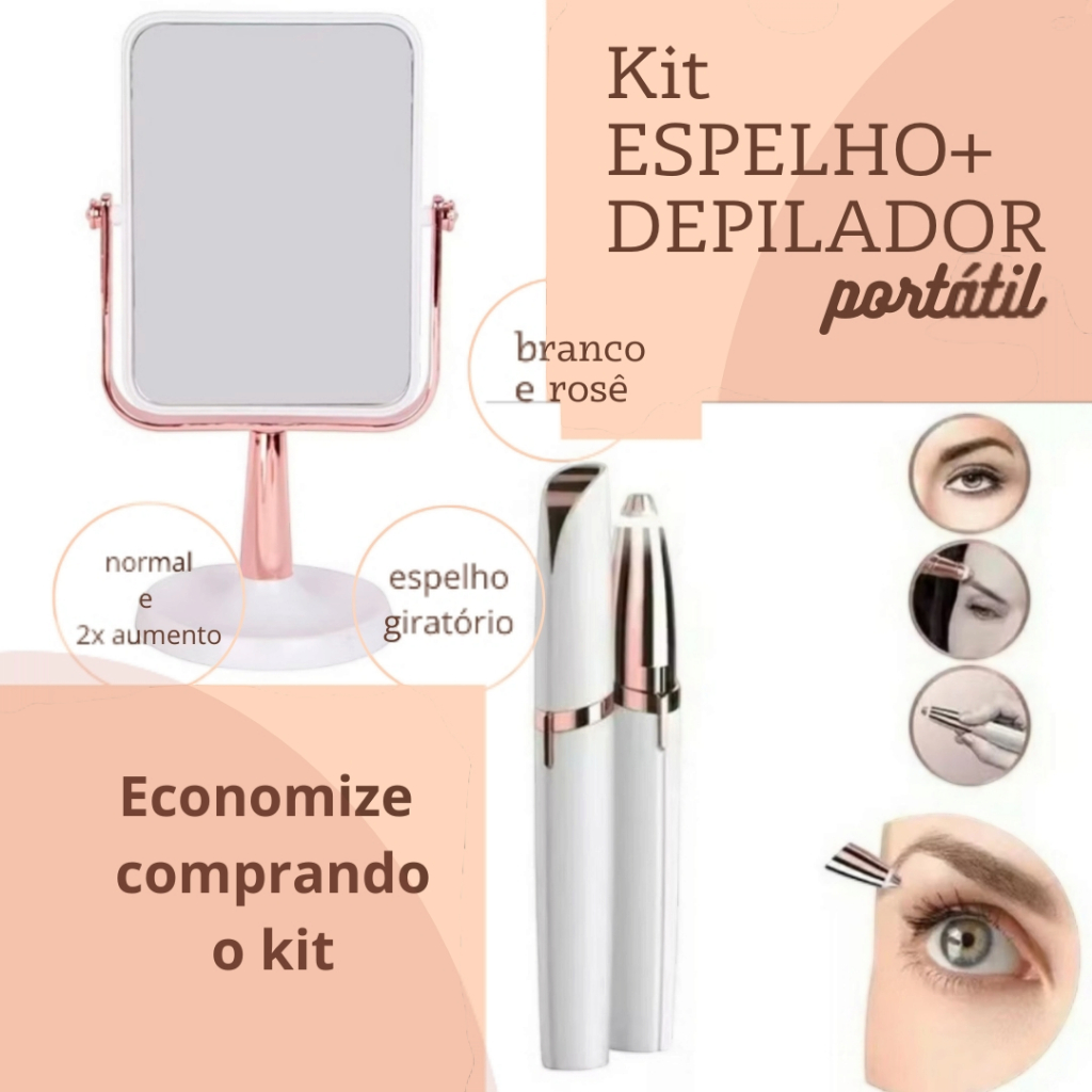 it de Beleza: Espelho de Mesa com Aumento 2x + Depilador Portátil USB – Branco com Detalhes Rosê