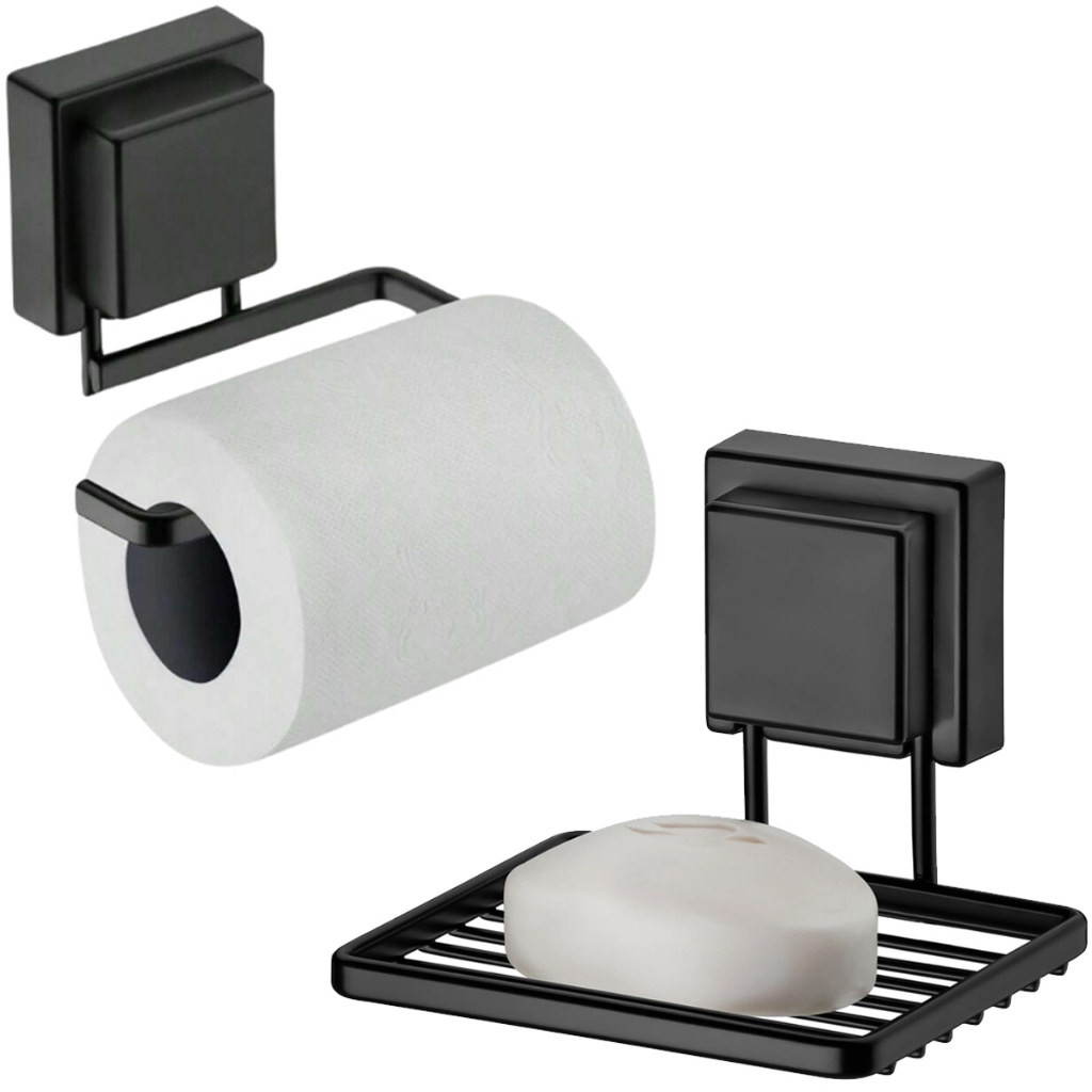 Kit 2 Pecas Banheiro Suporte Sabonete Saboneteira Papel Higienico Ventosa Sem Furo Preto Future - Home & Living