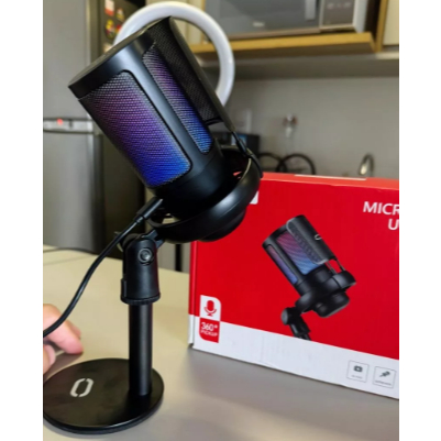 Era dos Microfones Gamer RGB Condensador USB Preto e Rosa, Captação Direcional e Iluminação Personalizável