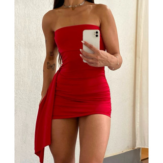 vestido curto feminino com detalhe na lateral tomara que caia luxuoso modinha (AGATHA) em Oferta na Shopee