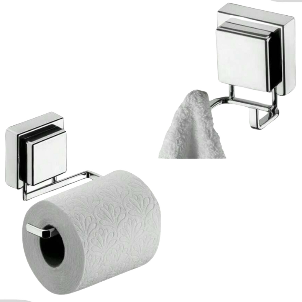 Kit Banheiro Porta Toalha de Rosto Duplo Suporte Papeleira Ventosa Cromado Future em Oferta na Shopee