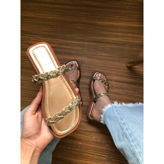 Sandália de Brilho Sola Baixa com Palmilha Confort Rasteirinha Tira trançada de Strass Pedraria 2044 em Oferta na Shopee